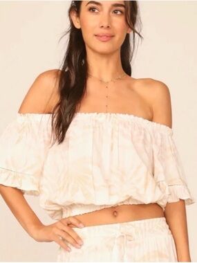 Ocean Drive, NEW Small Women’s Off Shoulder Cream Palm Print Top Beach Boho